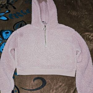 Women's pink cropped teddy hoodie faux sherpa shearling fleece size medium